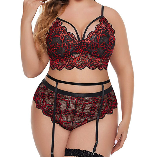 Hollow-Out See-Through Three-Point Garter Belt Plus-Size Erotic Lingerie Sexy Tempting Lace