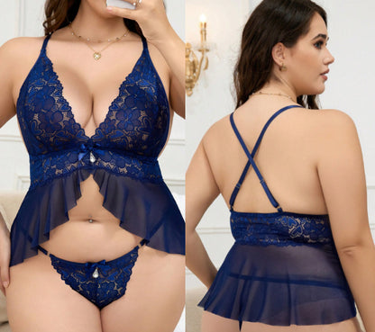 Plus Size Sexy Lingerie Set Camisole Dress with Trousers Sexy Transparent Lace