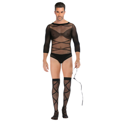 Men's Long-sleeved See-through Fishnet Suit With Cross-striped Stockings And Mask Set