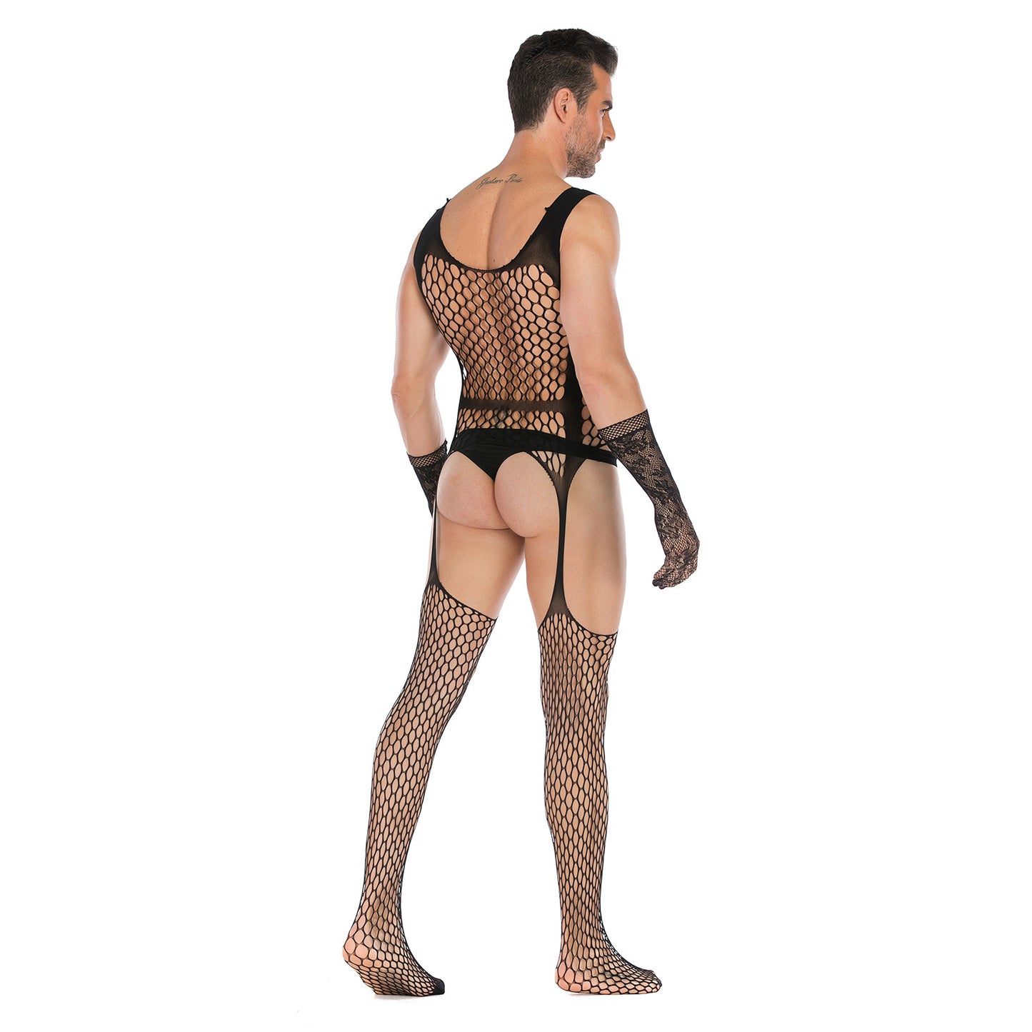Men's Crotchless See-through Fishnet Bodysuit With Lace Gloves Set