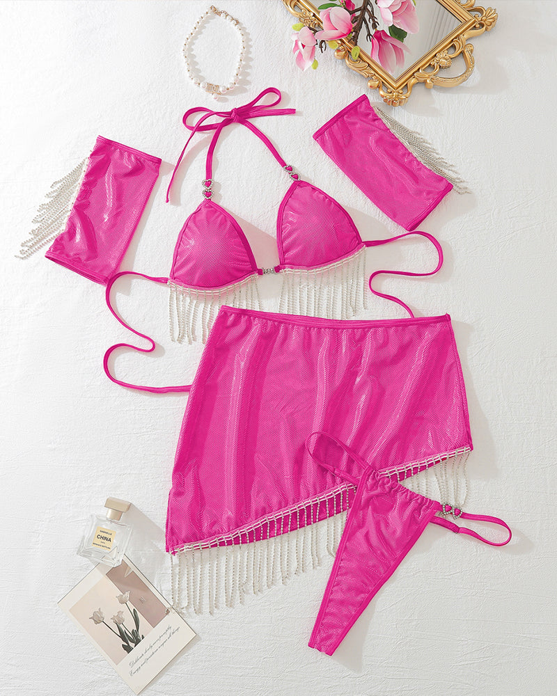 Lace-up Halterneck Tassel Lingerie Set