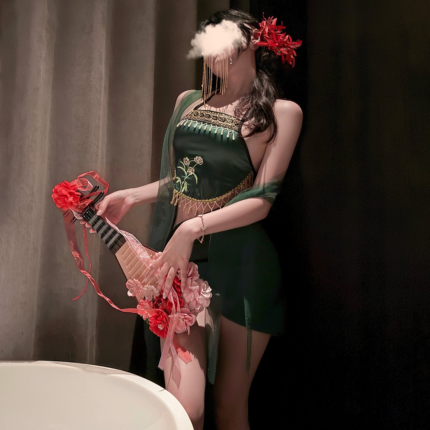 Satin Embroidered Bellyband Sexy Lingerie Set