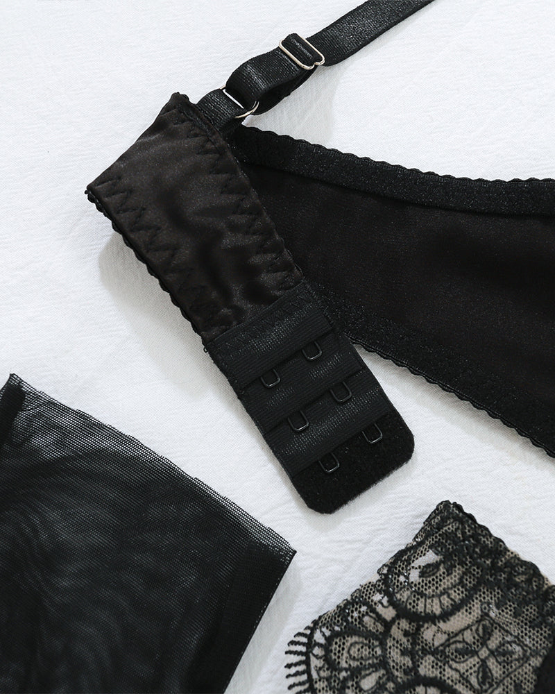 Embroidery Lace Garter Belt Lingerie Set