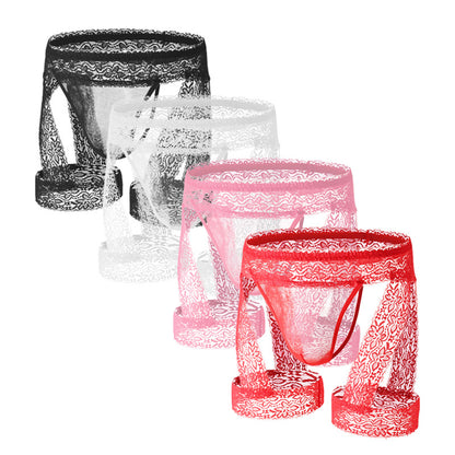 Men's Lace Tirm Bulge Pouch G-String Underwear with Garter