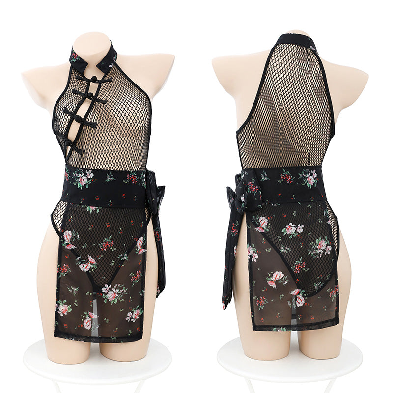 Ancient Style Floral Sheer Mesh Cheongsam Bodysuit