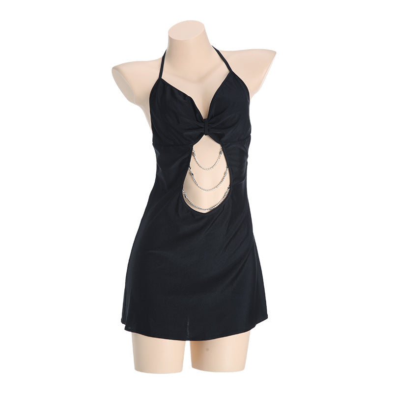 Deep V Halter Neck Chain Satin Nightdress