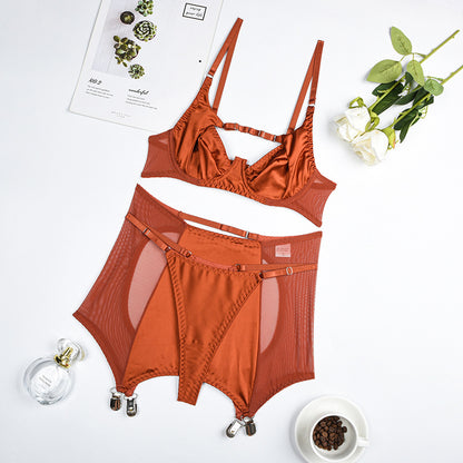 Mesh Splicing Milk Silk Push up Sexy Lingerie Three-Piece Set