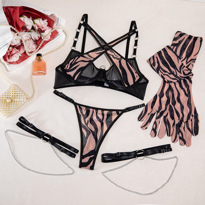 Sexy Zebra Pattern Mesh See-through Comfortable Four-Piece Set