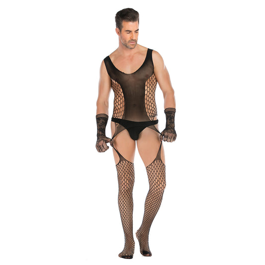 Men's Crotchless See-through Fishnet Bodysuit With Lace Gloves Set