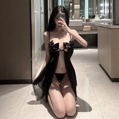 See-through bow halter sexy nightdress mesh deep V chest bag dress - Quusvik