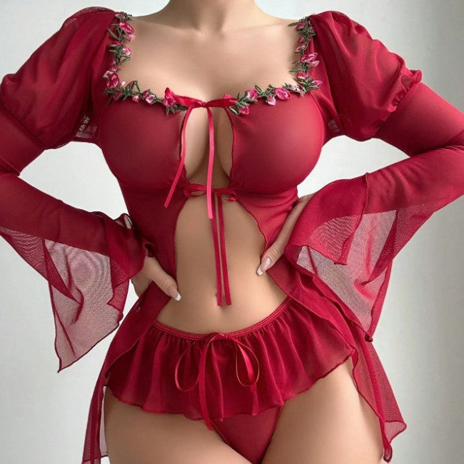 Sexy See-Through Floral Mesh Nightdress Set