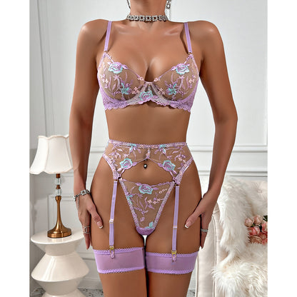 Sensational 4-Piece Lingerie Kit Floral Embroidered Underwire Gorgeous G-String with Garter Belt