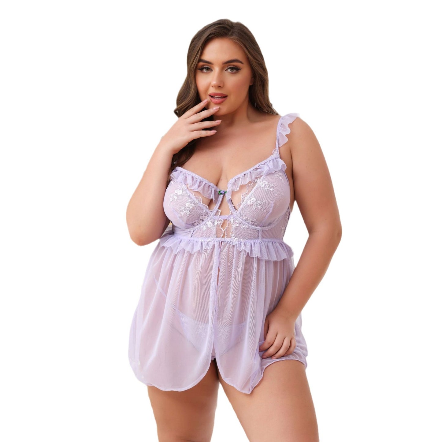 Plus Size Camisole with Embroidery and Underwire, Sexy Transparent Lace Mini Lingerie Skirt