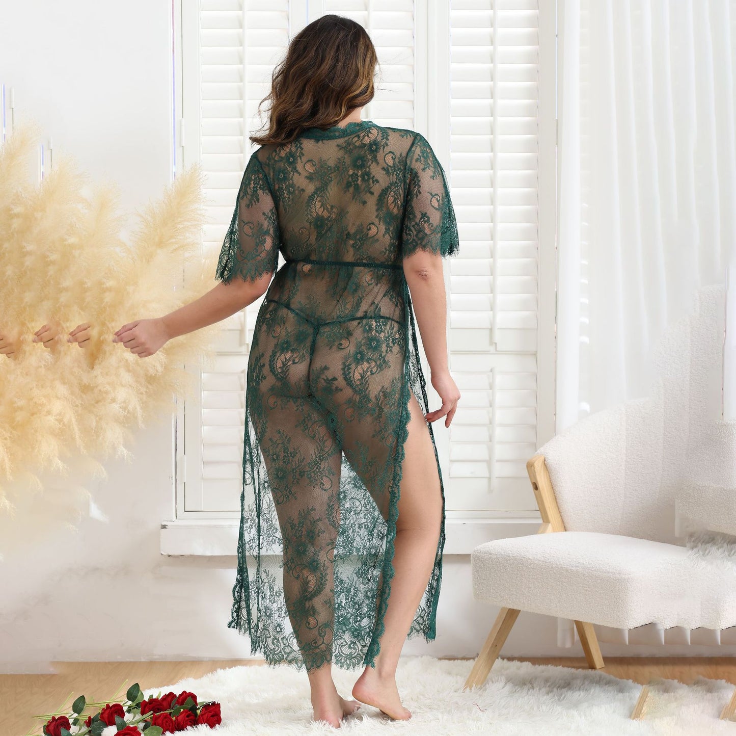 Lace Mesh See-through Sexy Big Dress Sexy Long-Sleeved Suit