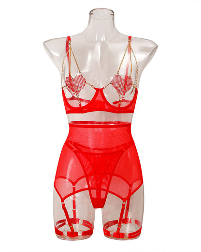 Love Heart Chain Mesh 5PCS Lingerie Set