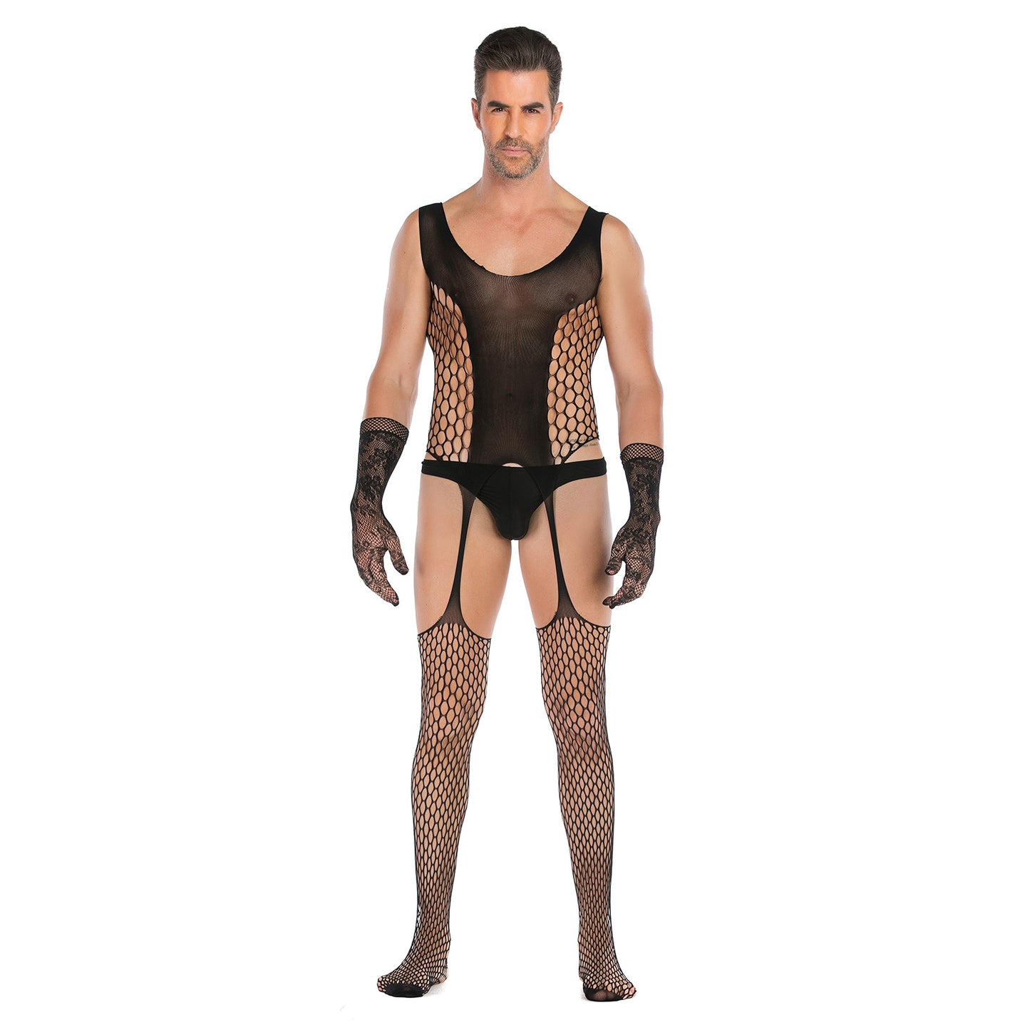 Men's Crotchless See-through Fishnet Bodysuit With Lace Gloves Set