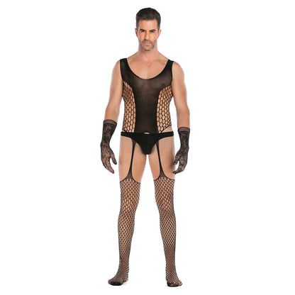 Men's Crotchless See-through Fishnet Bodysuit With Lace Gloves Set