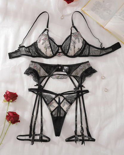 Lotus Embroidered Push-up Bra Garter Set