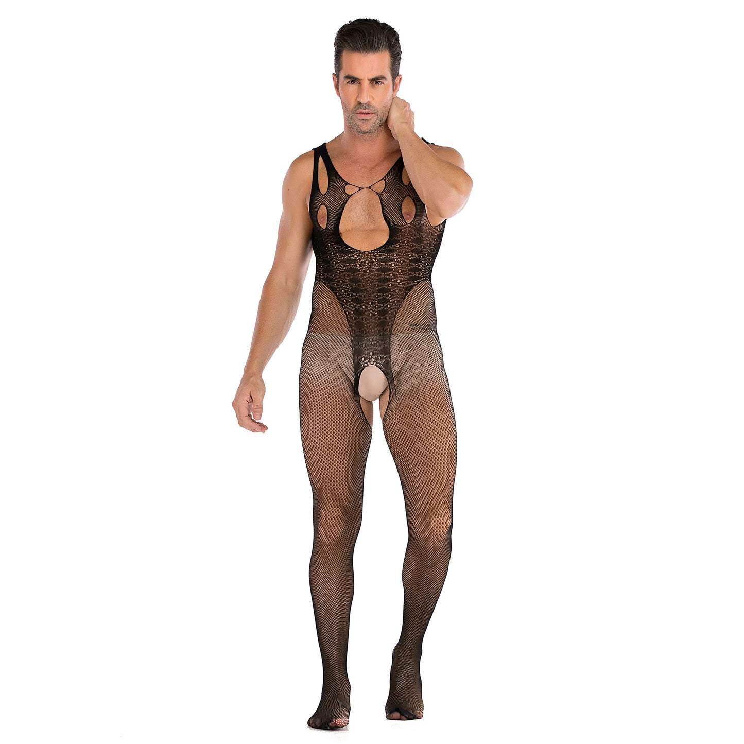 Men's See-through Open-chest Mesh Jumpsuit