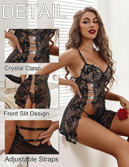 Women's Charming Lace Babydoll Lingerie Set Cute Dress with Thongs Chemise