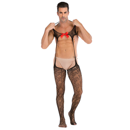 Men's See-through Split Mesh Jumpsuit With Bow