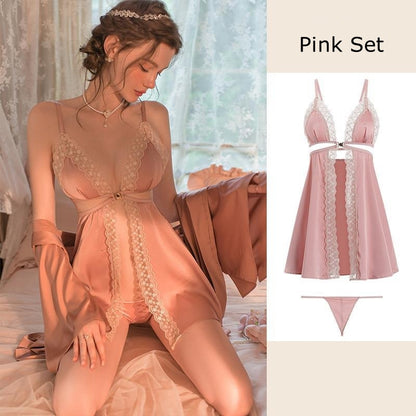Sexy V-neck Front Buckle Lace Silk Nightgown Set