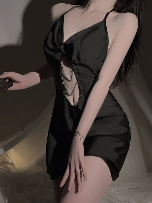 Deep V Halter Neck Chain Satin Nightdress