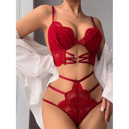 Sexy Lingerie Temptation Lace Gathered Bra Thong Wwo-Piece Set