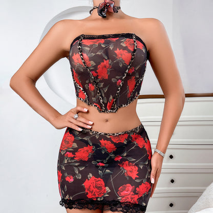 Sexy Slimming Comfortable Mesh Printed Erotic Lingerie Underpants Four-Piece Set