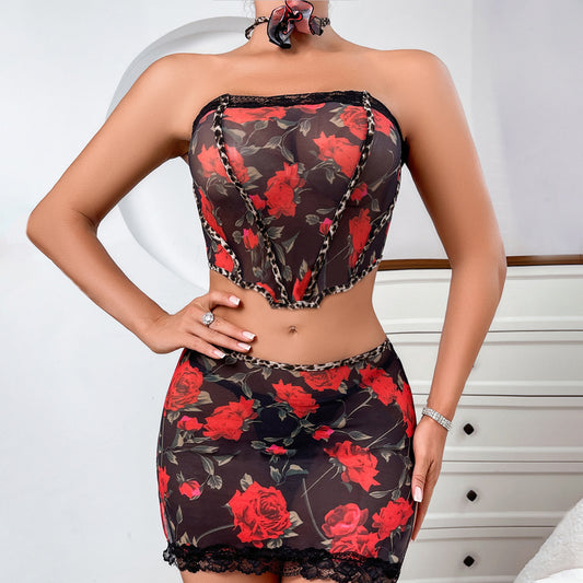 Sexy Slimming Comfortable Mesh Printed Erotic Lingerie Underpants Four-Piece Set