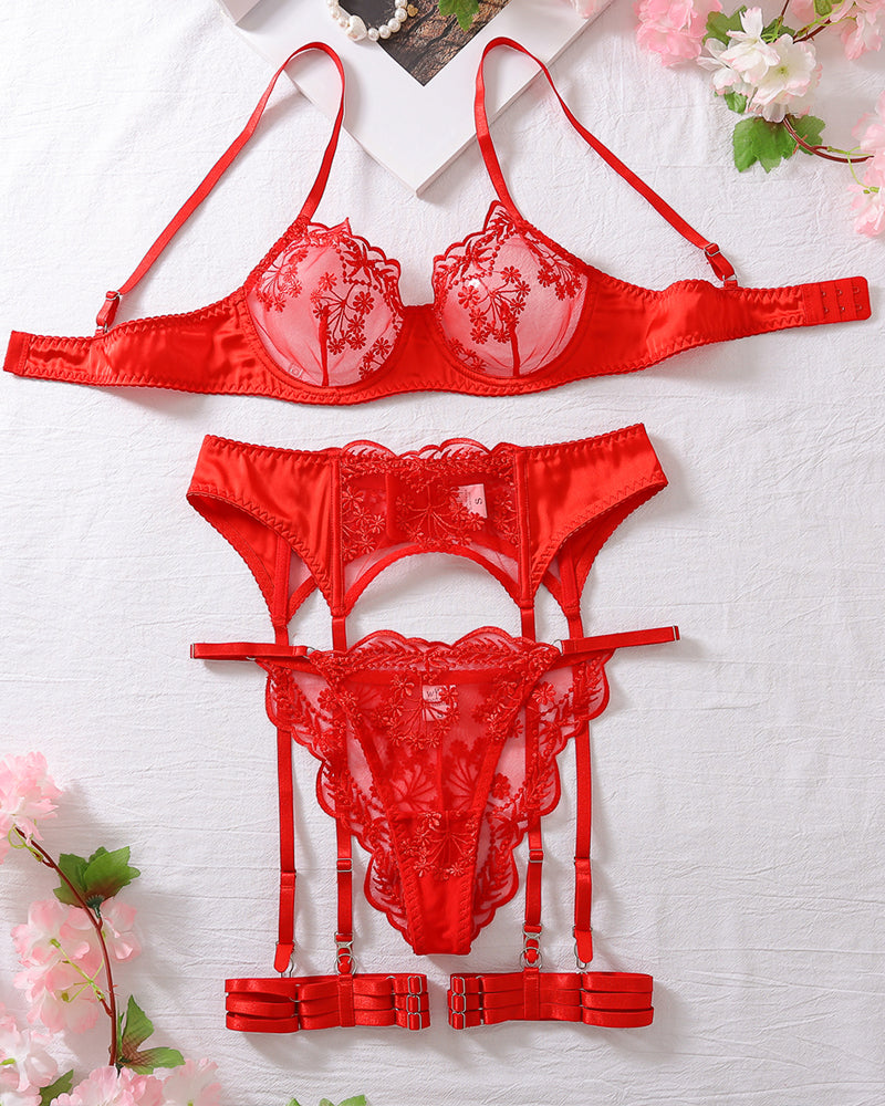 Embroidery Lace Garter Lingerie Set