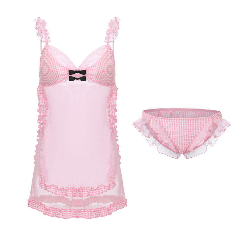 Sexy See-through Pink Plaid Mesh Slip Dress Set With Bra Pads