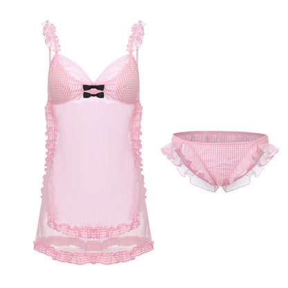 Sexy See-through Pink Plaid Mesh Slip Dress Set With Bra Pads