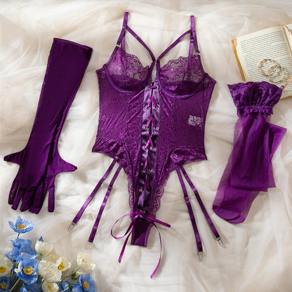 Purple Sexy Jumpsuit Lace Transparent Pajamas with Gloves and Stockings Set