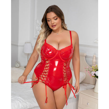Plus Size Patent Leather Lace-up Bodysuit