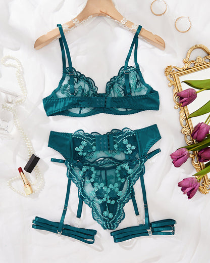 Embroidery Lace Garter Lingerie Set