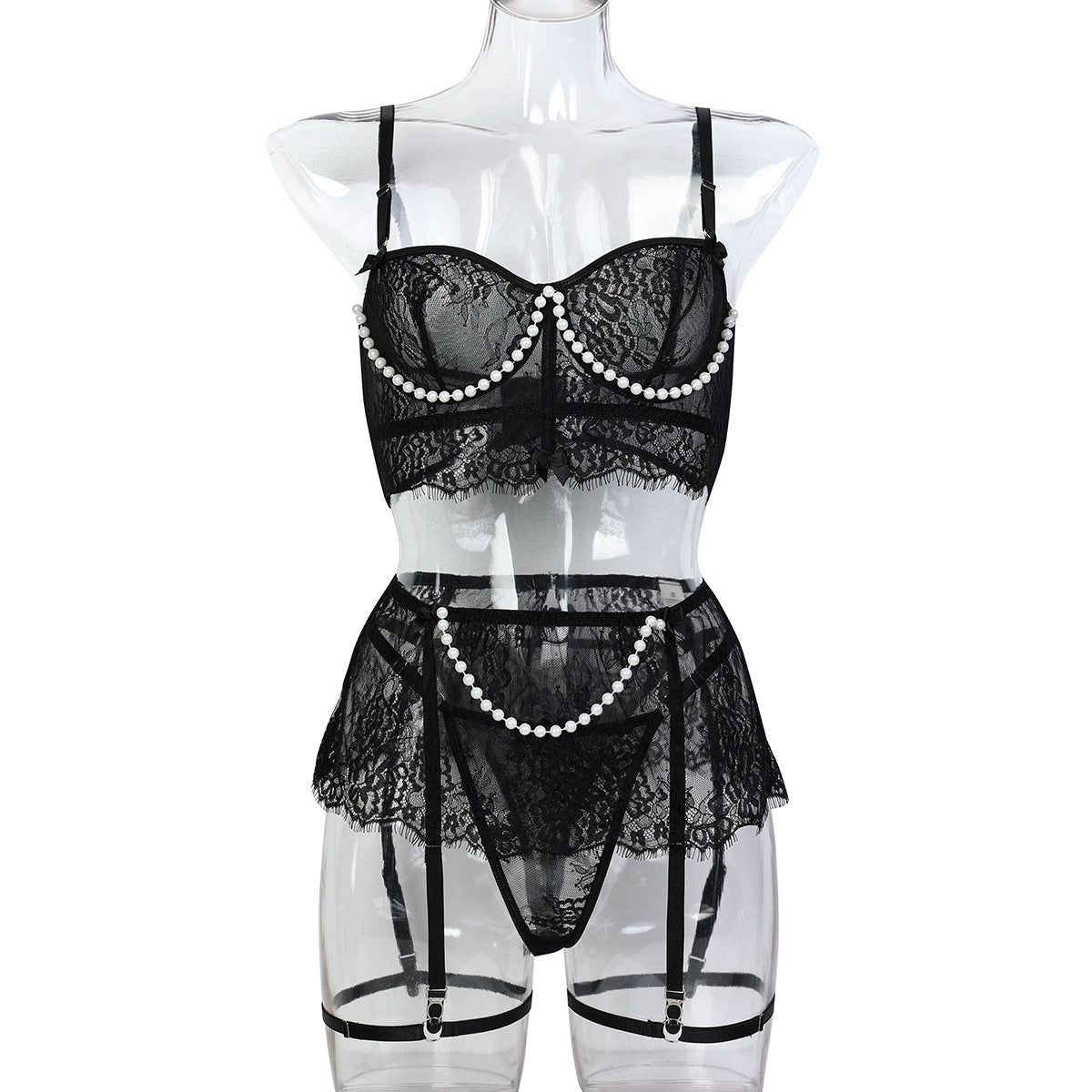 Lace See-through Handmade Pearl Bow Underwear Four-Piece Set