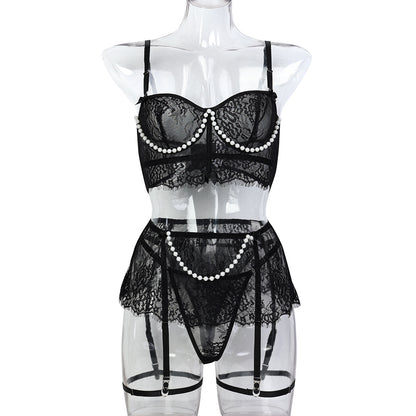 Lace See-through Handmade Pearl Bow Underwear Four-Piece Set
