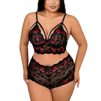 Plus-Size Erotic Lingerie Three-Point Set Semi-Transparent Mesh Sheer Lace Erotic Lingerie Set