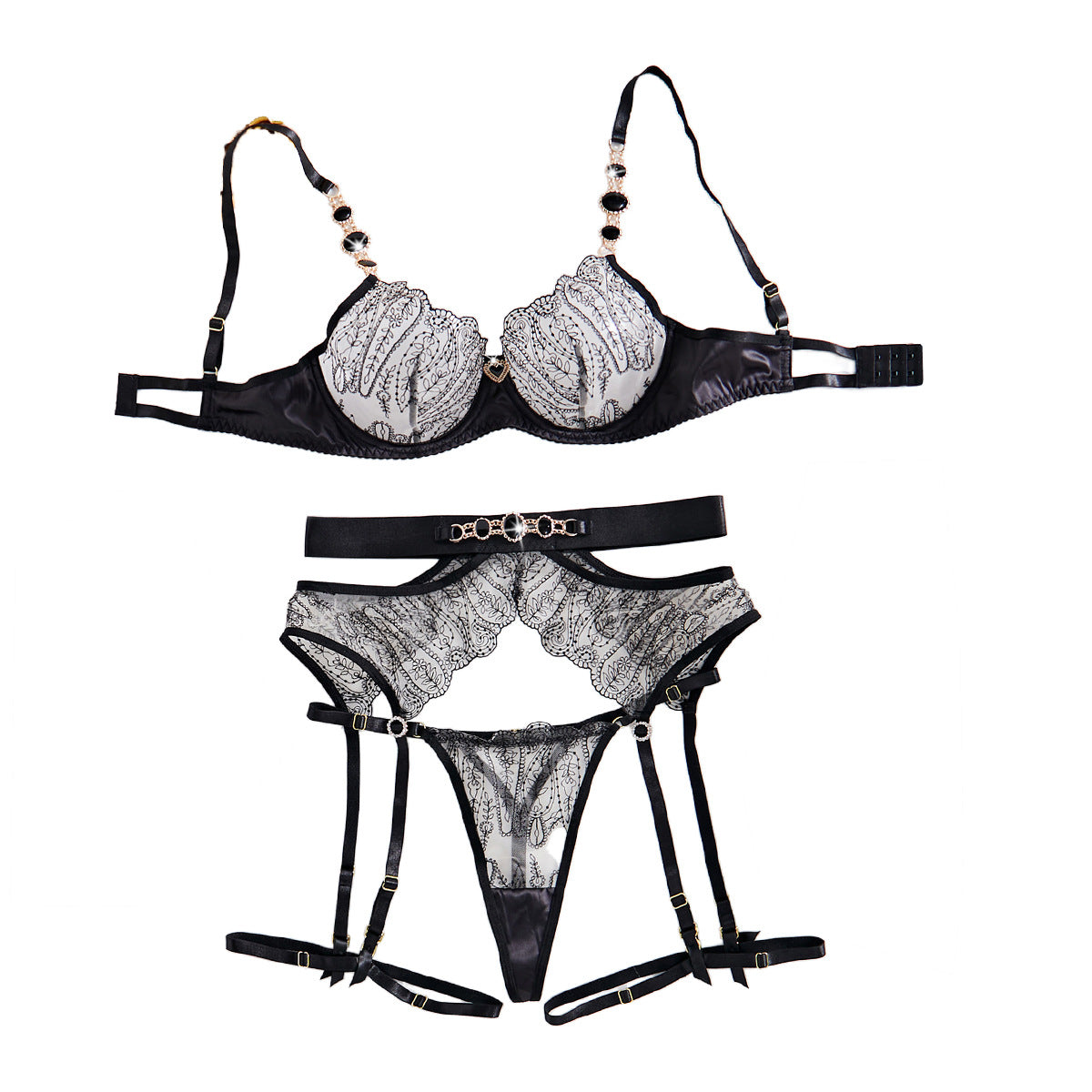 Glamorous 4-Piece Lingerie Set Gemstone Embellished Metal Chain Sheer Heart-shaped Underwear