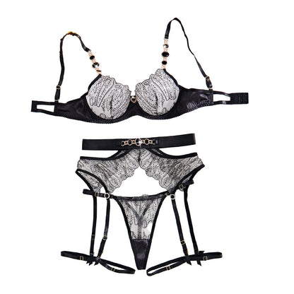 Glamorous 4-Piece Lingerie Set Gemstone Embellished Metal Chain Sheer Heart-shaped Underwear