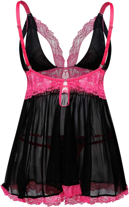 Deep V-Neck Erotic Pajamas Sexy Lingerie with Flower Lace Sleep Dress