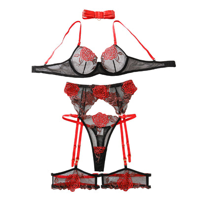 Rose Embroidery Patchwork See-Through Mesh Push-Up Low-Cut Sexy Lingerie Five-Piece Set