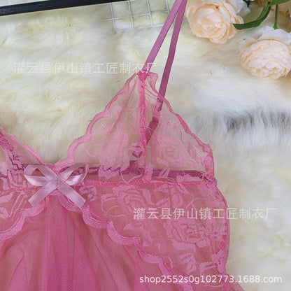 Deep V See-Through Lace Suspender Nightdress Set