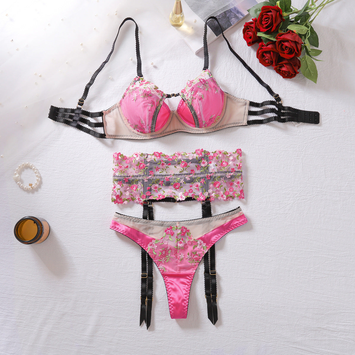 Floral Embroidered Sheer Mesh Underwire Bra Alluring G-String Garter Belt Sexy  Lingerie Trio