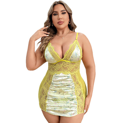 Sexy Deep V Suspender Lace Plus-Size Lingerie Sleep Dress Set