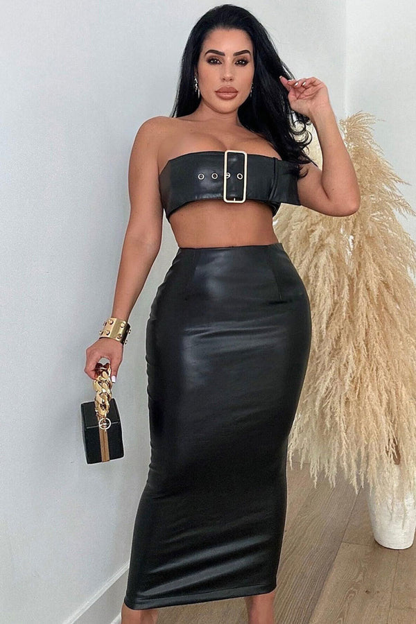 Sexy 2-Piece Dress Set PU Leather Metal Buckle-Embellished Crop Top Split Package Hip Skirt
