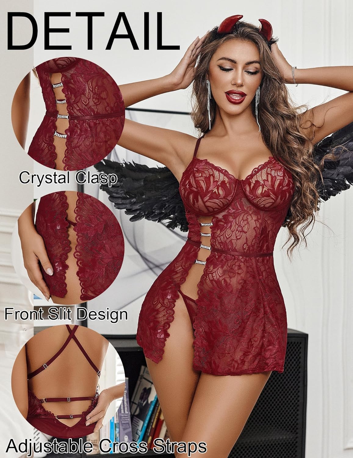 Women's Charming Lace Babydoll Lingerie Set Cute Dress with Thongs Chemise