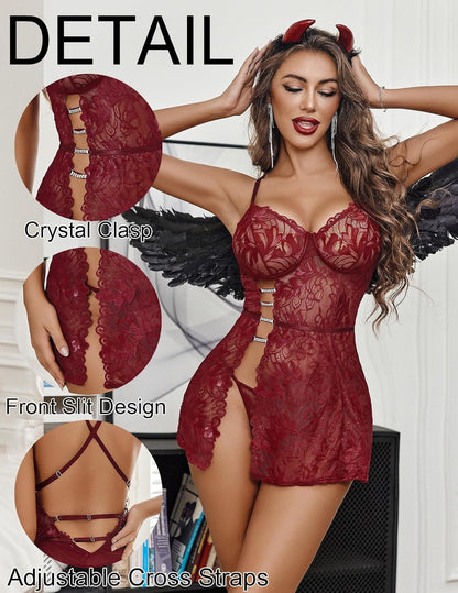 Women's Charming Lace Babydoll Lingerie Set Cute Dress with Thongs Chemise