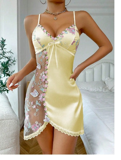 Embroidered Petals See-Through Sexy Nightdress Set